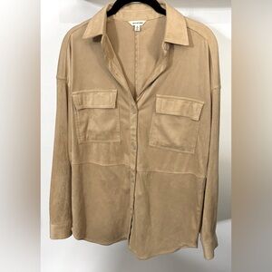 Max Studio Beige Brown Long Stretch Button Down Shirt Jacket Khaki Faux Suede S